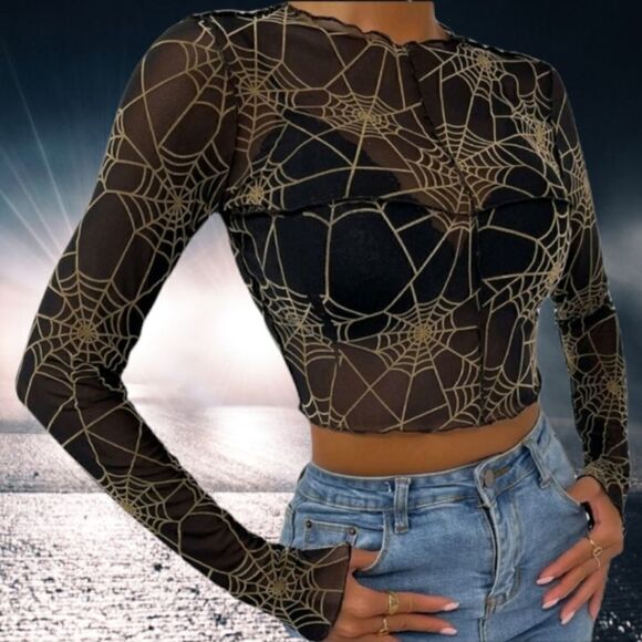 Black Sheer Top with Gold Spider Webs Stretchy Long Sleeved Seemed Detail - Picture 1 of 8